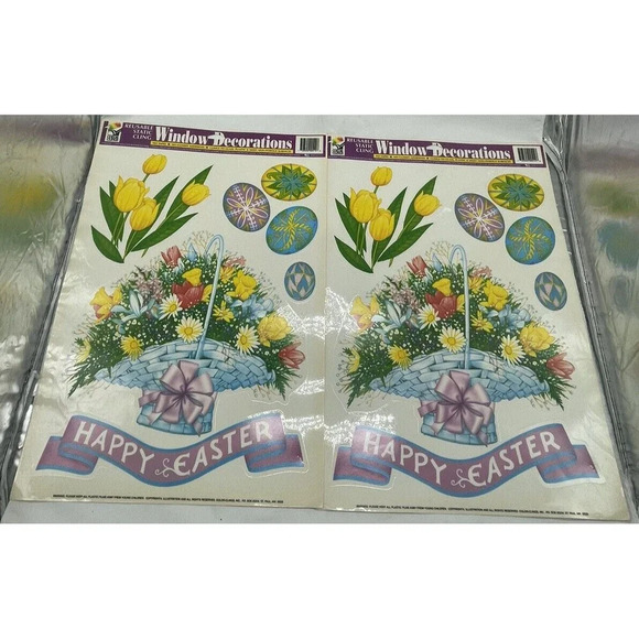 Vintage Lot Of 2 Easter Egg, Duck Flower Basket Window  Clings Vinyl Decoration - Picture 1 of 11